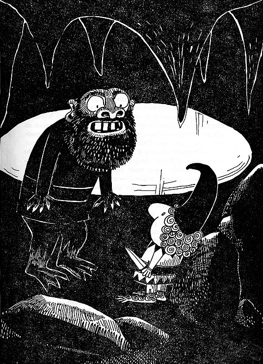 Una illustrazione in inchiostro in bianco e nero. Su uno sfondo scuro di una grotta con uno specchio d'acqua si trovano due figure. A sinistra Gollum, una sorte di scimmione, con grossi denti e un grosso naso, a destra Bilbo, umano piccino, con capelli riccioluti, un cappello a punta e una tunica, che tiene in mano una piccola spada.