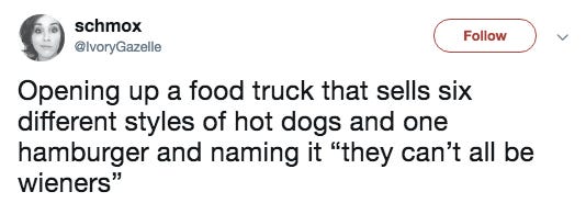 Funny tweet about hot dogs