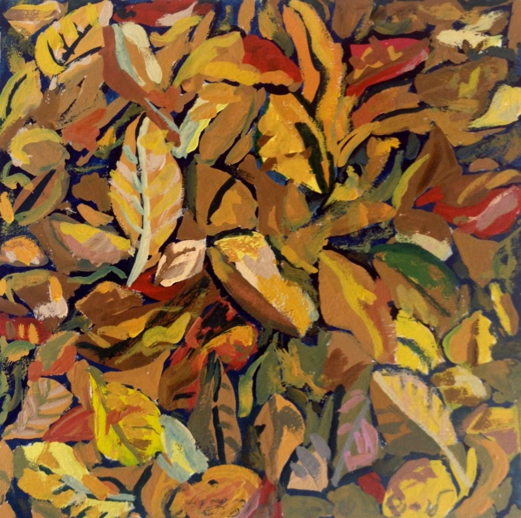 Painting of dry fallen leaves, gouache on paper