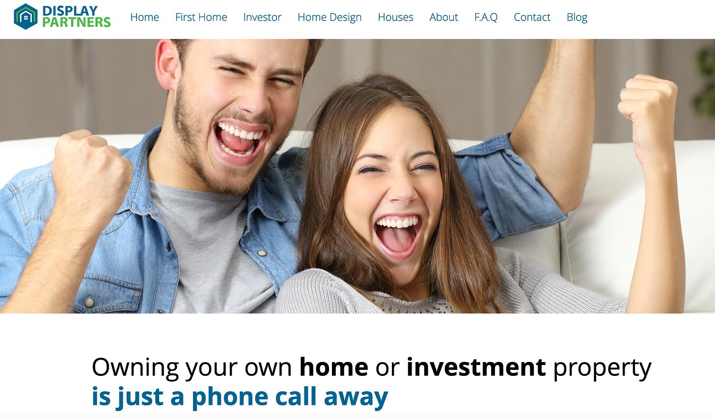 A screenshot from the website of Display Partners, a defunct real-estate scam. The picture depicts a young white man and woman sitting on a couch, each doing a fist-pump