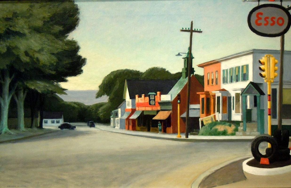 Edward Hopper's Port of Orleans featuring a wide road with two cars, a row of residential and commercia buildings, large trees and a solitary figure standing outside a building.