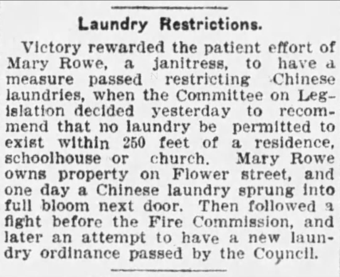 1904 newspaper clipping from the LA Times about a woman successfully passing an ordinance to restrict the locations of Chinese laundries