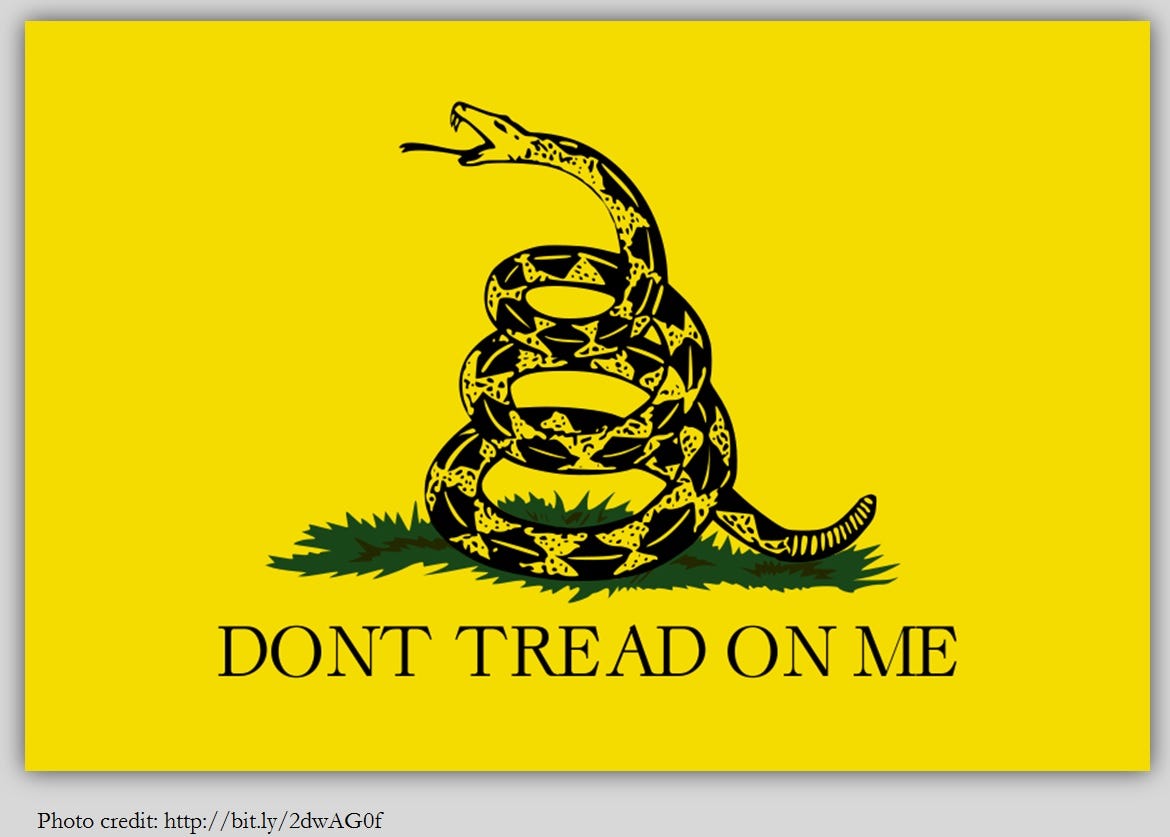 The Gadsden flag: A yellow flag with a coiled rattlesnake and the words "Don't tread on me."