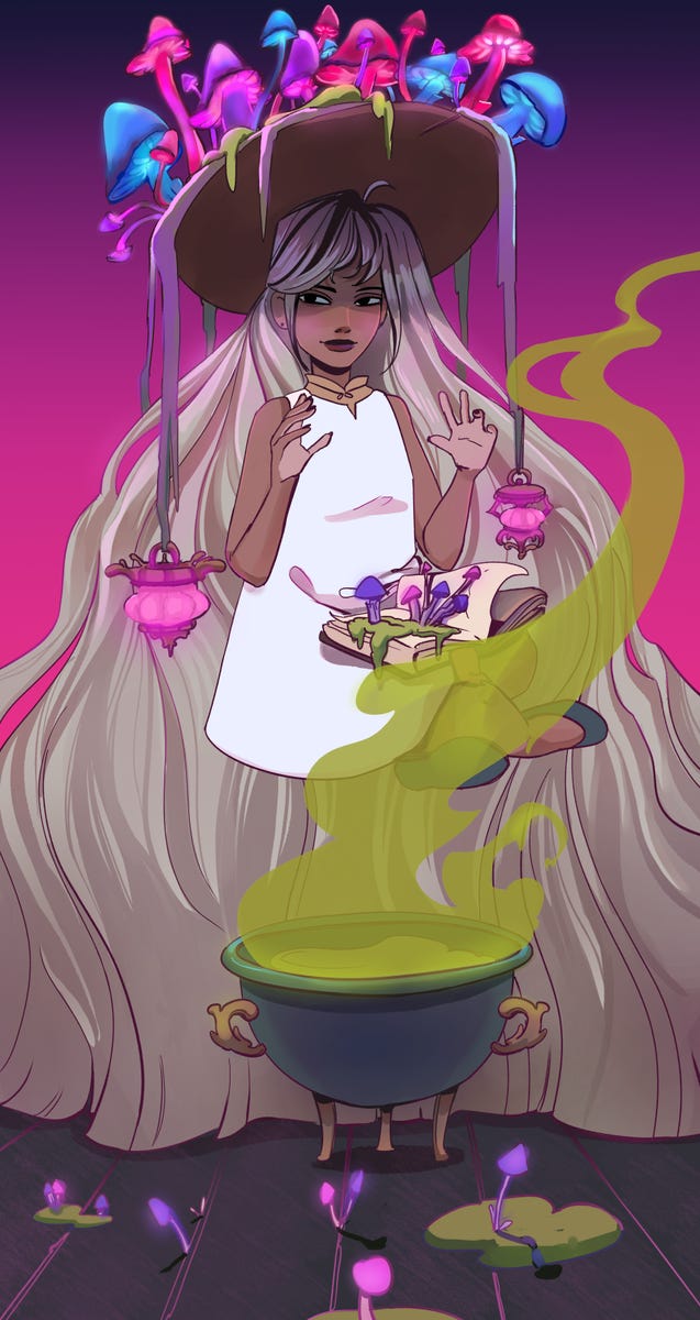 An illustration of The Hedge by Celeste Cruz. Image shows a young witch working on a potion which is giving off a green gas. The witch wears a white dress and a hat covered in mushrooms, and she has an open book which is also covered in mushrooms.