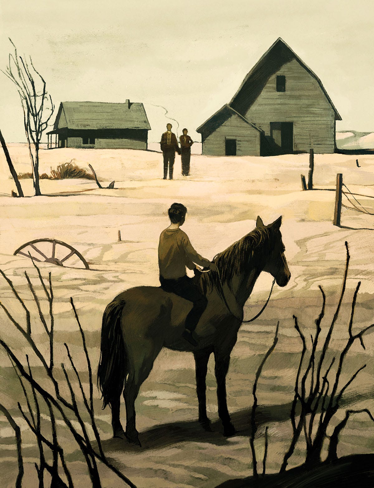 An illustration of a person on horseback looking toward a barn and house with two people standing nearby