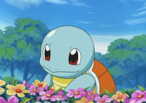 GIF of a Pokemon Squirtle lifting a flower and smelling it 
