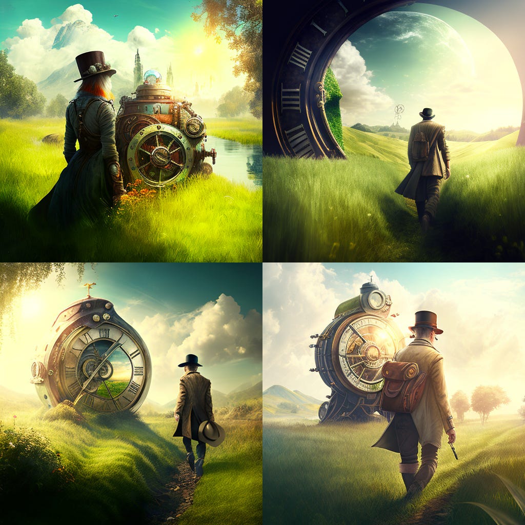 Time Traveller stepping out of time machine into a bright future, set of 4 images.