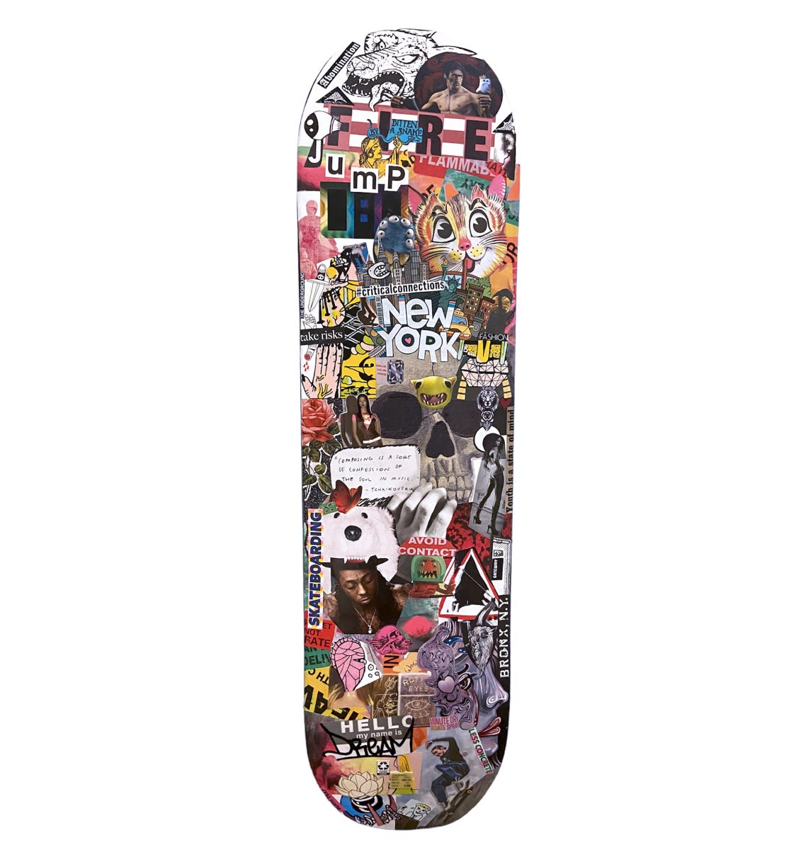 Image of a skateboard with LotyDoty's collage art pasted on top.