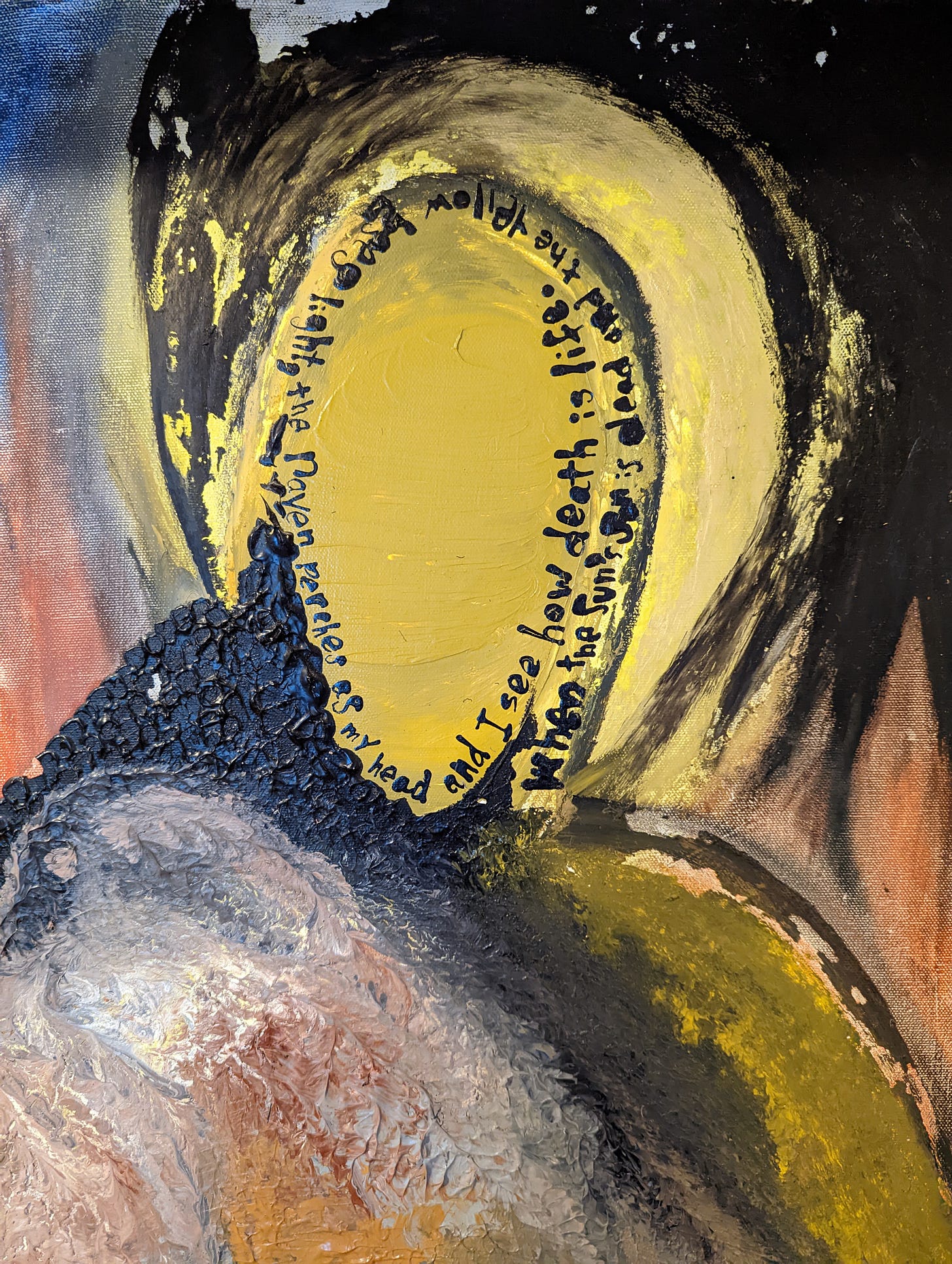 painting of raven enveloping the head of a yellow figure