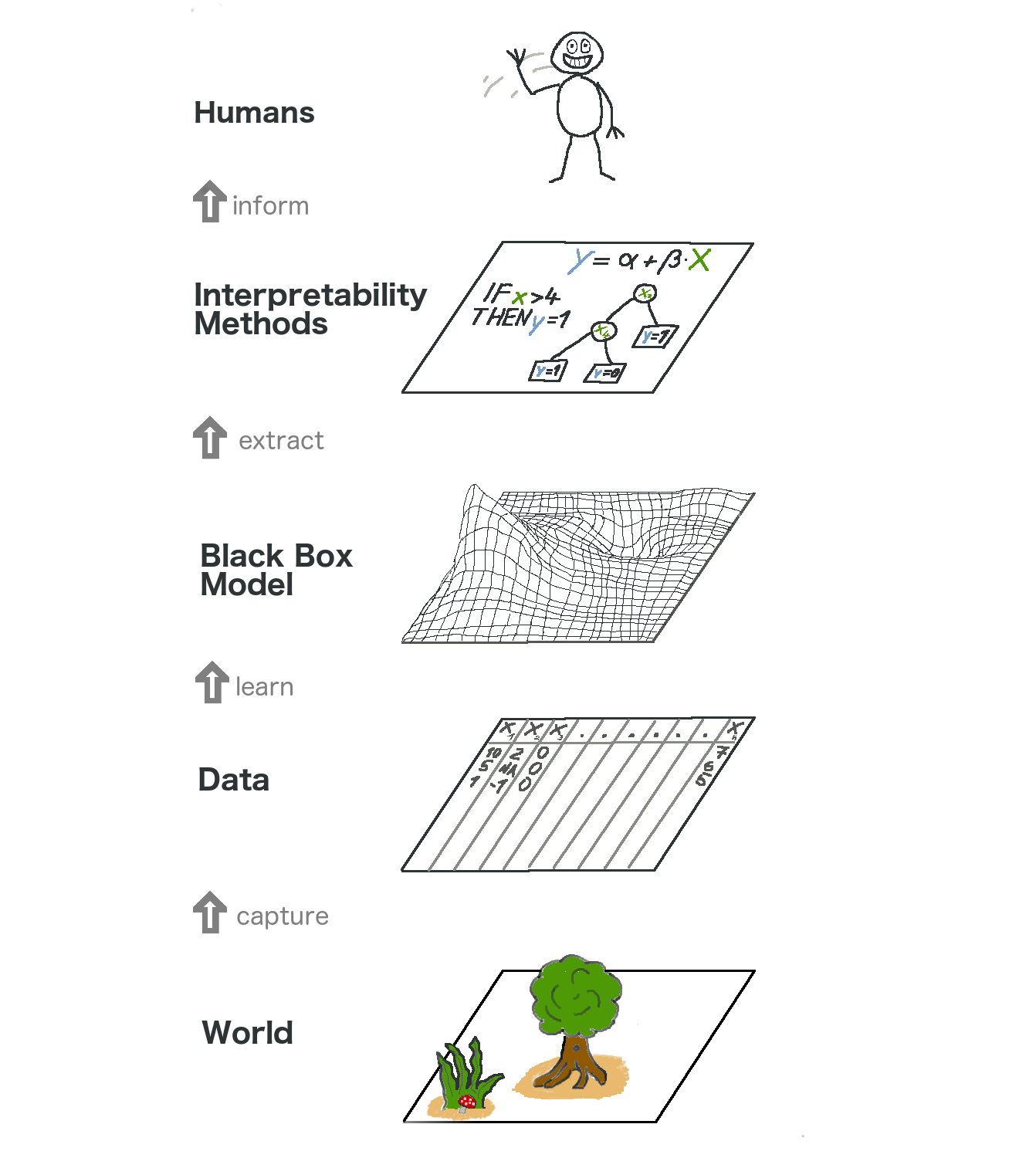 The big picture of explainable machine learning. The real world goes through many layers before it reaches the human in the form of explanations.