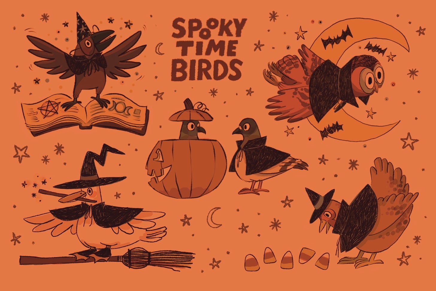 monochromatic spooky time birds sticker sheet, illustration, halloween, stickers, birds, kayla stark
