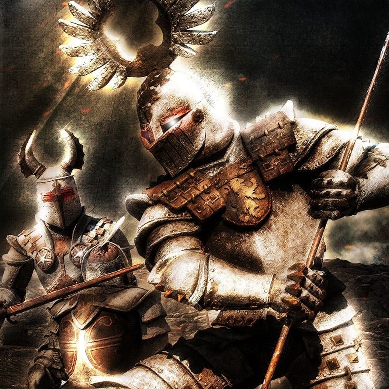 An image of two soldiers, one at the front, another behind, shining in full golden battle armour and wielding what looks to be spears.
