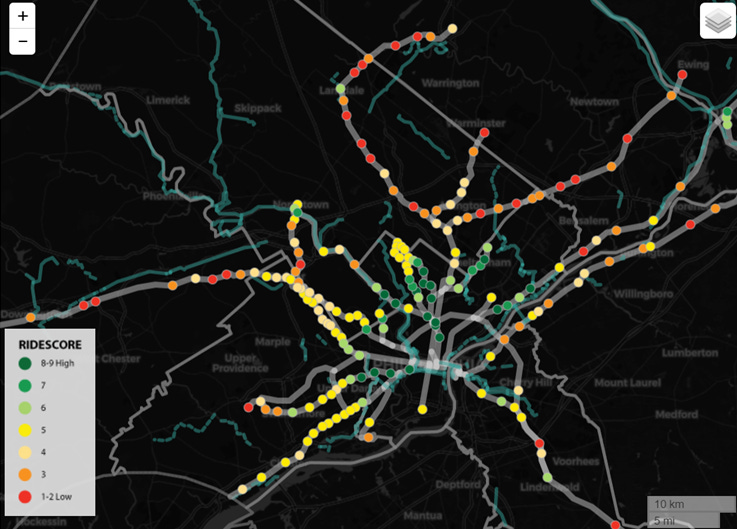 a map showing how each station in the area scores in terms of priorities for investing in bicycle facilities