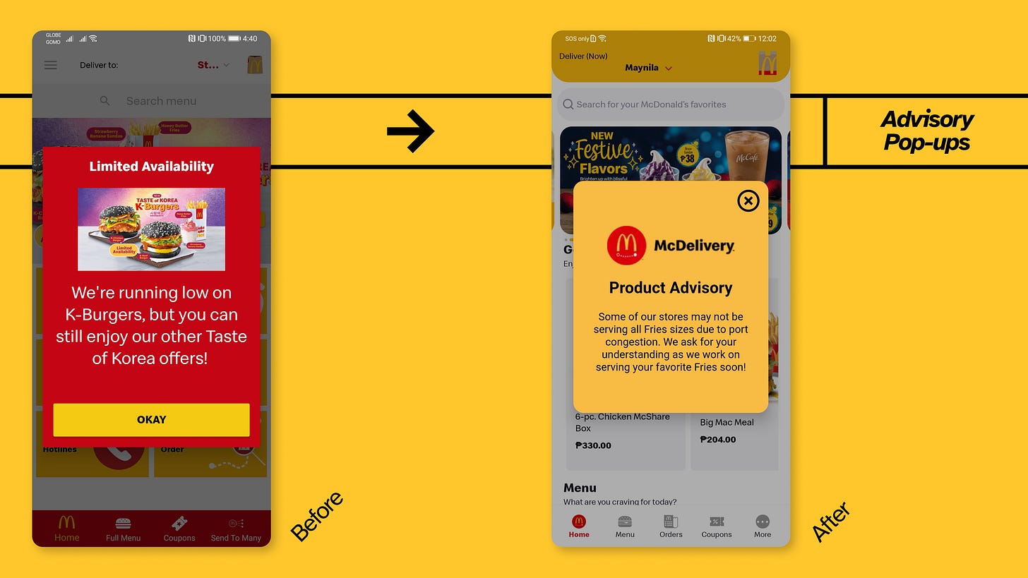 Two screenshots showing the old and new designs of the advisory pop-up. Left: Old, Right: New