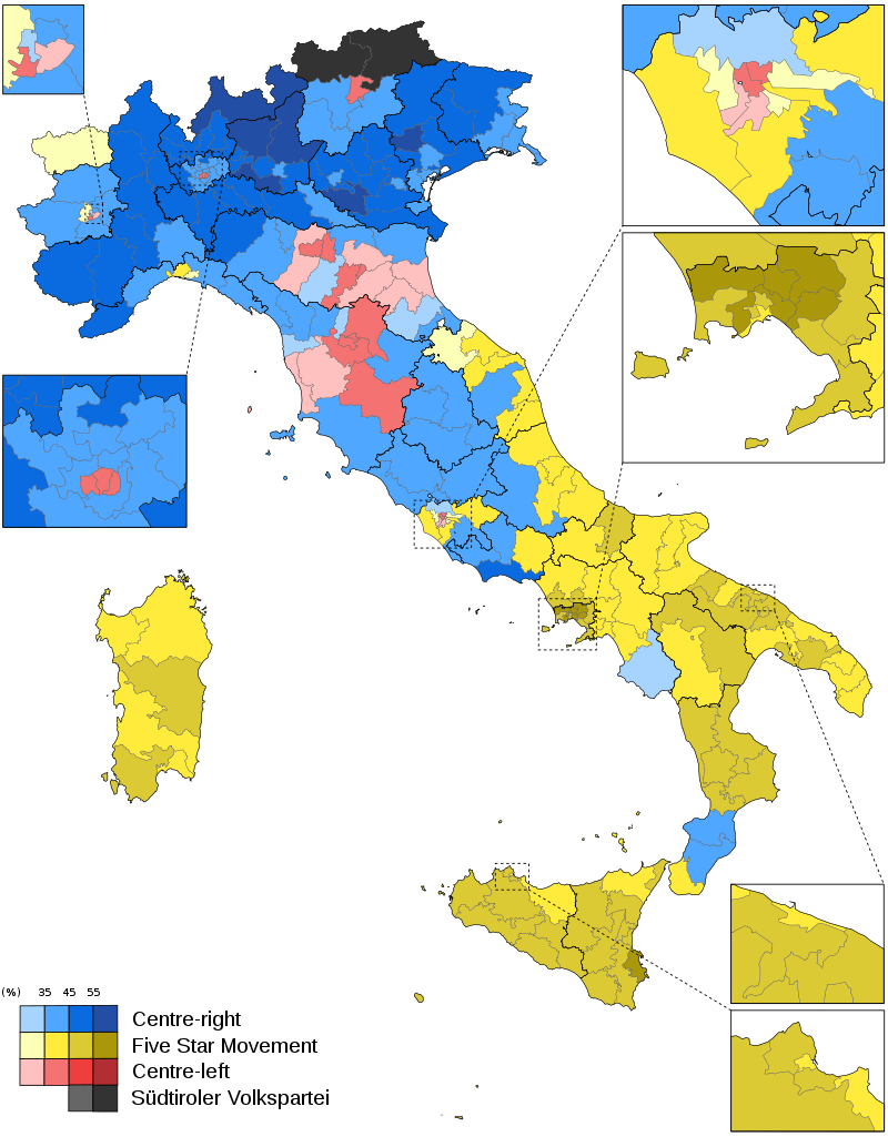 Italian 2018 elections Chamber of Deputies constituencies strength.svg