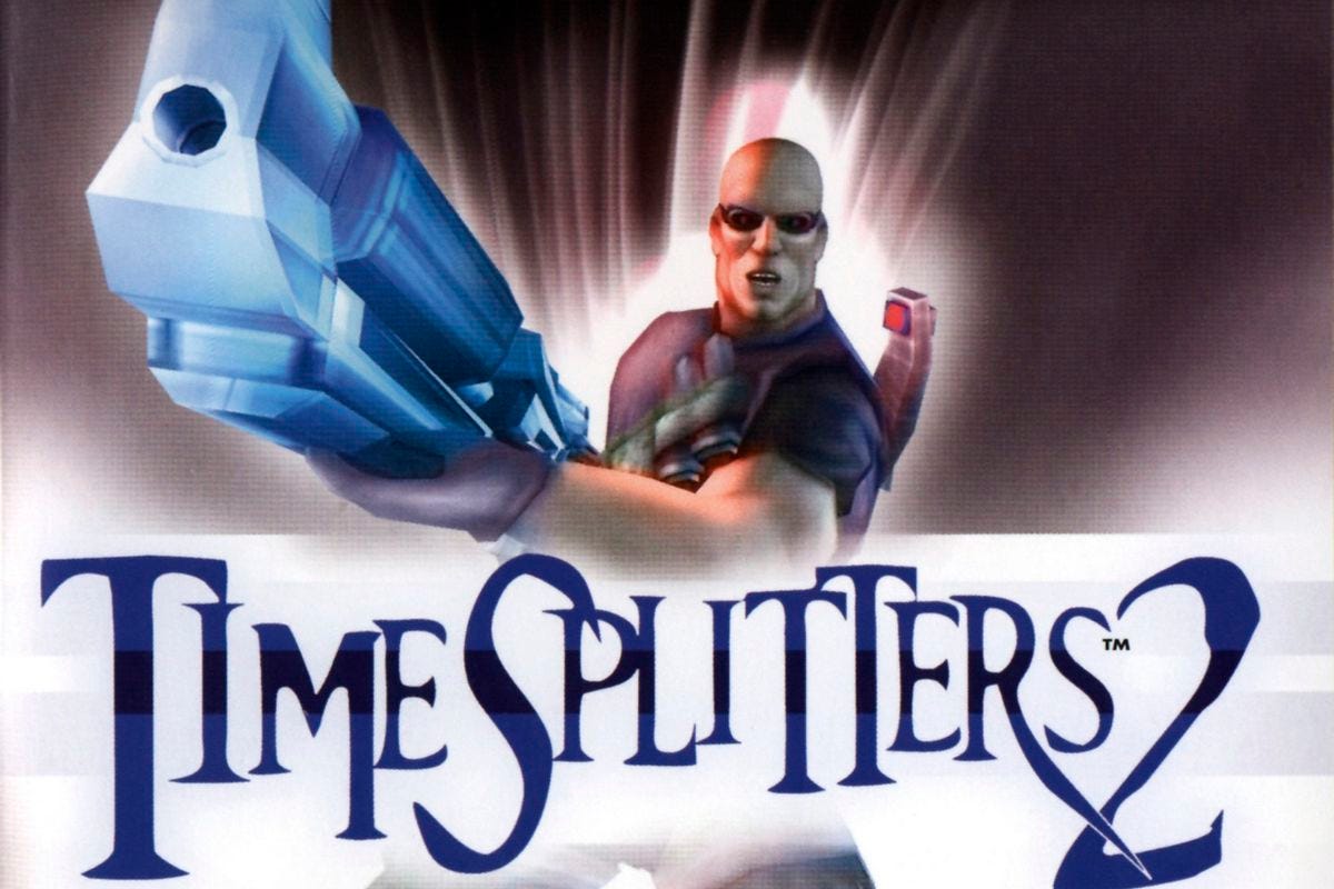 Promotional art for TimeSplitters 2, featuring the game's logo beneath Sergeant Cortez, the game's primary protagonist who appears as other era-appropriate characters in each story mission.
