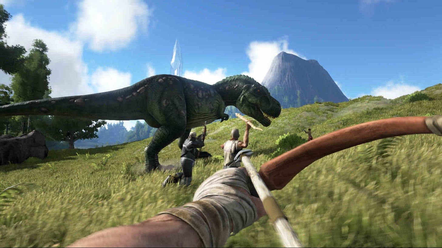 A hunter aiming a bow and arrow at a T-Rex