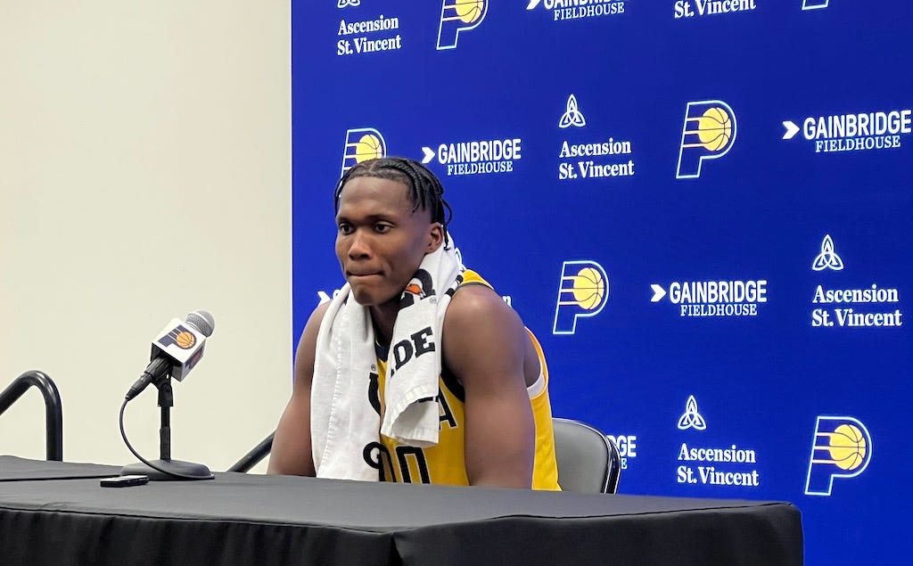 Pacers rookie Bennedict Mathurin talks with reporters after a loss to the San Antonio Spurs.