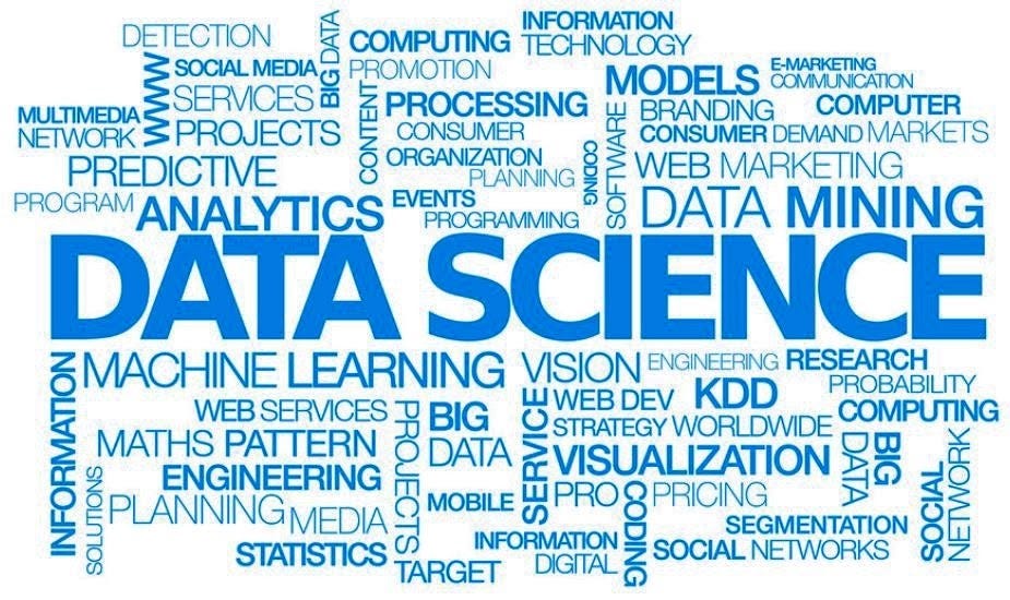 Imagem contém uma nuvem de palavras, em inglês, relacionadas a Data Science, como Analytics, Machine Learning, Data Mining, Models, Visualization, entre várias outras.