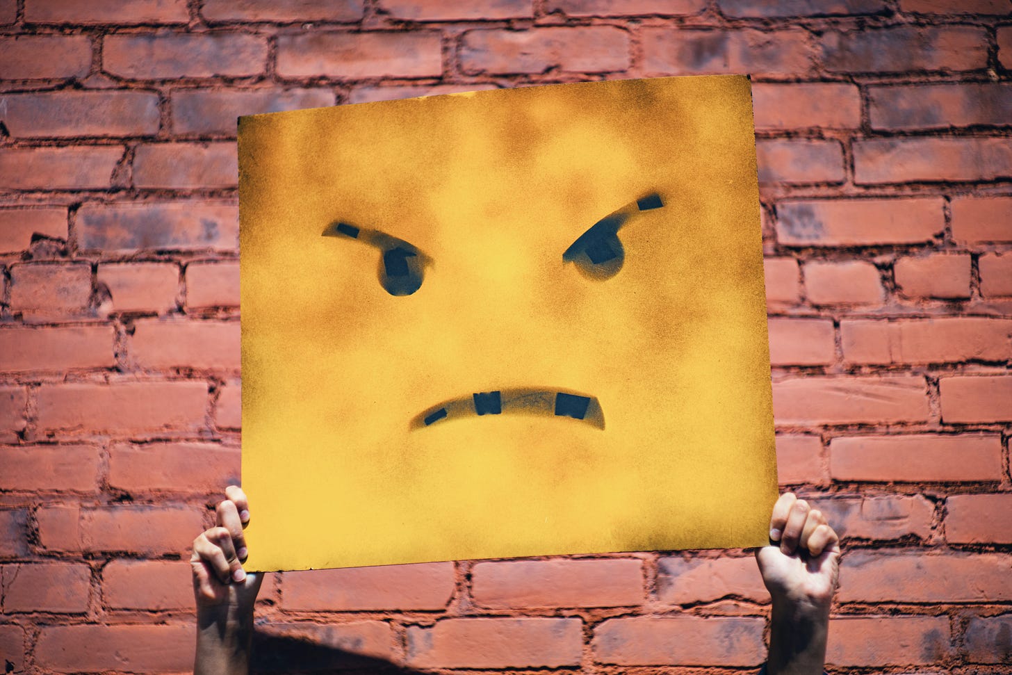 Hands holding a sign depicting a frowning face in front of a brick wall. (Andre Hunter / Unsplash)