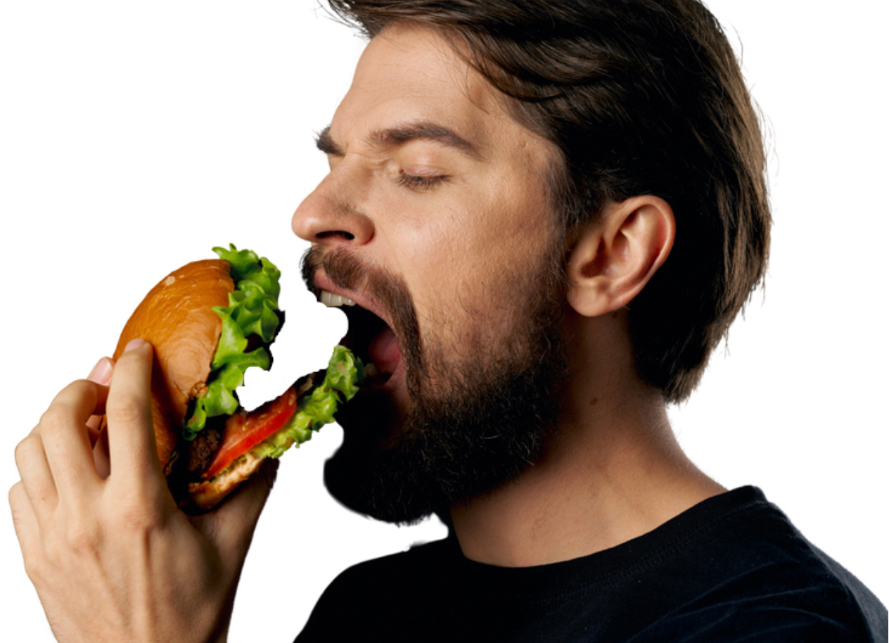 Man eating burger bun with no meat
