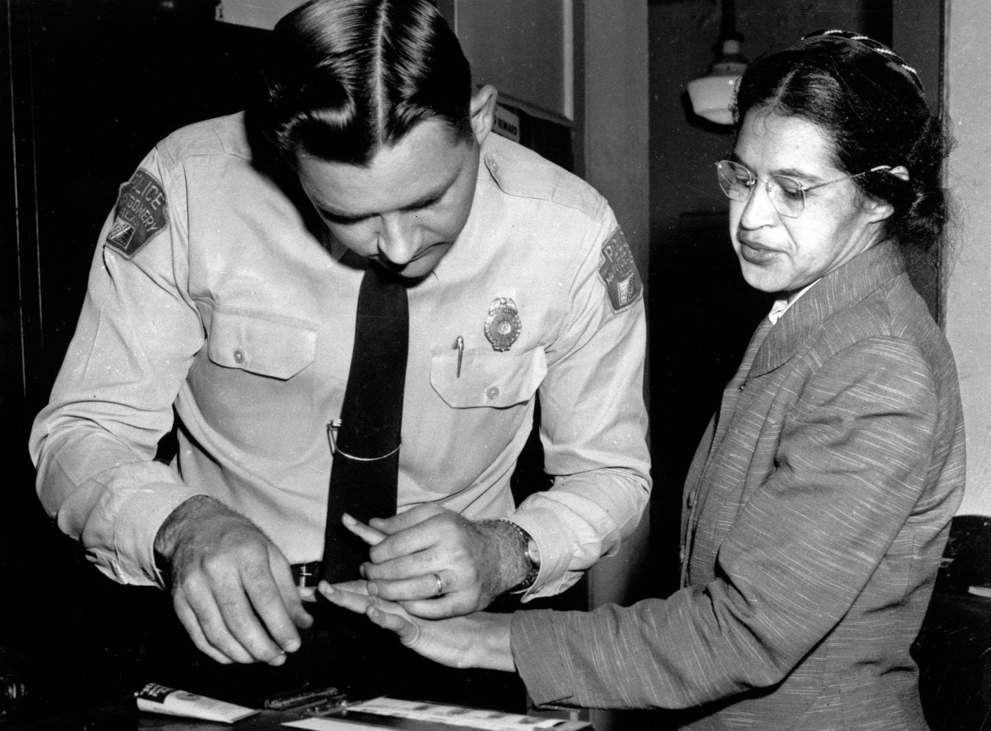 Rosa Parks was fingerprinted by police in Montgomery, Ala., in 1956.