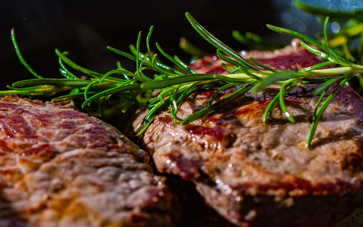 Steak with rosemary on a grill. All meat sold in the USA must be inspected by FSIS.