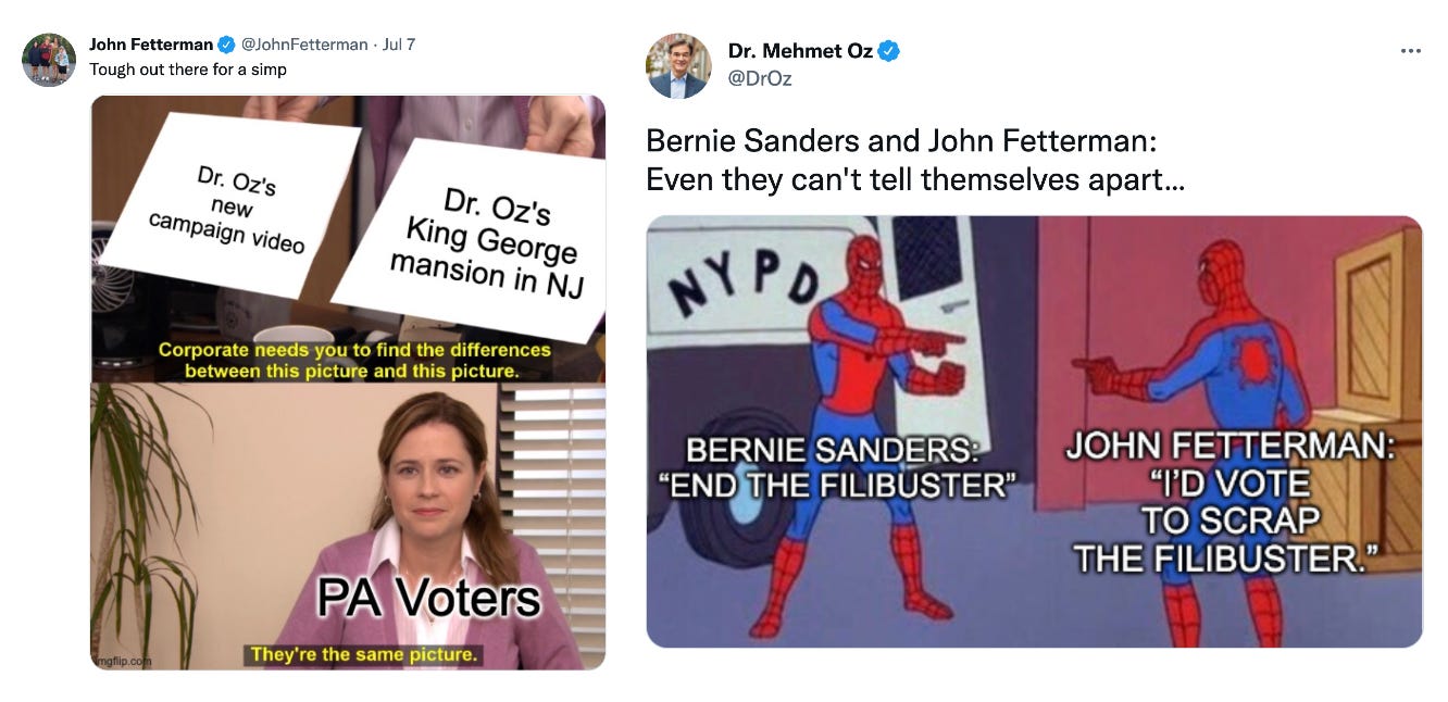 Screenshots of two tweets by John Fetterman and Dr. Oz using mems as insults of each other