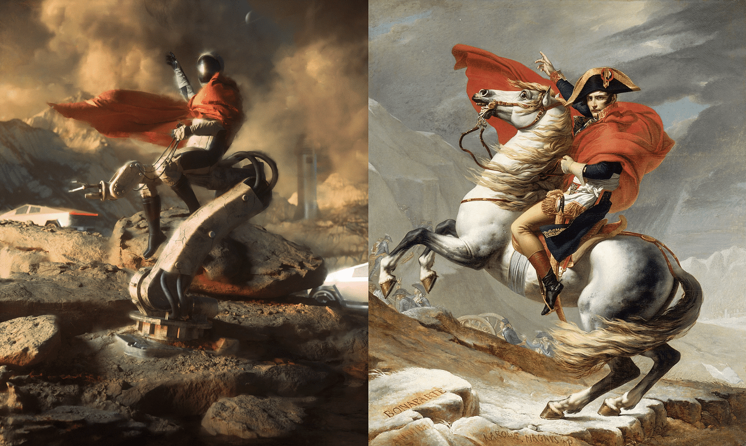 “Crossing Schiaparelli” by Elia Pellegrini & "Napoleon Crossing the Alps" by Jacques-Louis David
