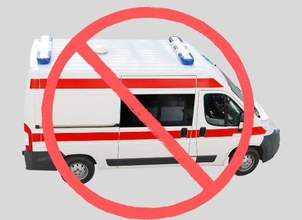A generic photo of a white ambulance with red trim, covered by a red circle with a slash through it.