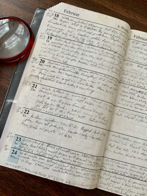 handwritten logbook with dated account of deployment