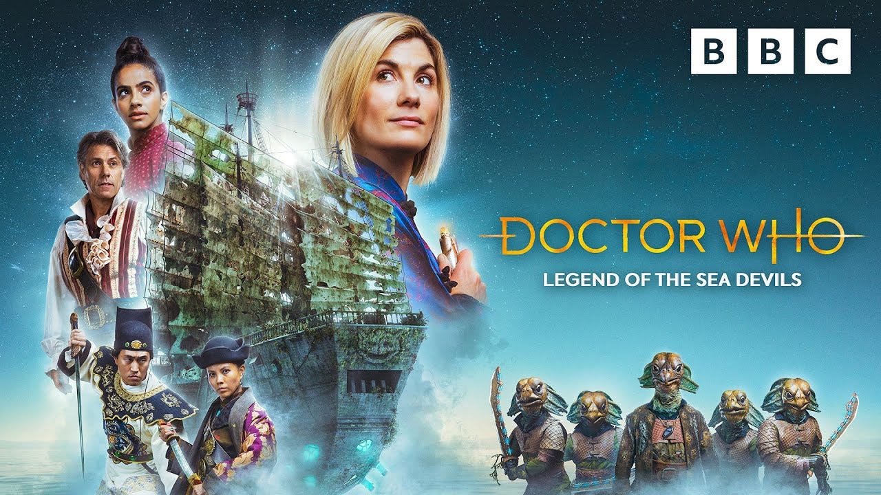 This image shows the BBC's colorful one-sheet poster for Doctor Who's 2022 Easter Day Special, titled "Legend of the Sea Devils." This image shows the BBC's colorful one-sheet poster for Doctor Who's 2022 Easter Day Special, titled "Legend of the Sea Devils."