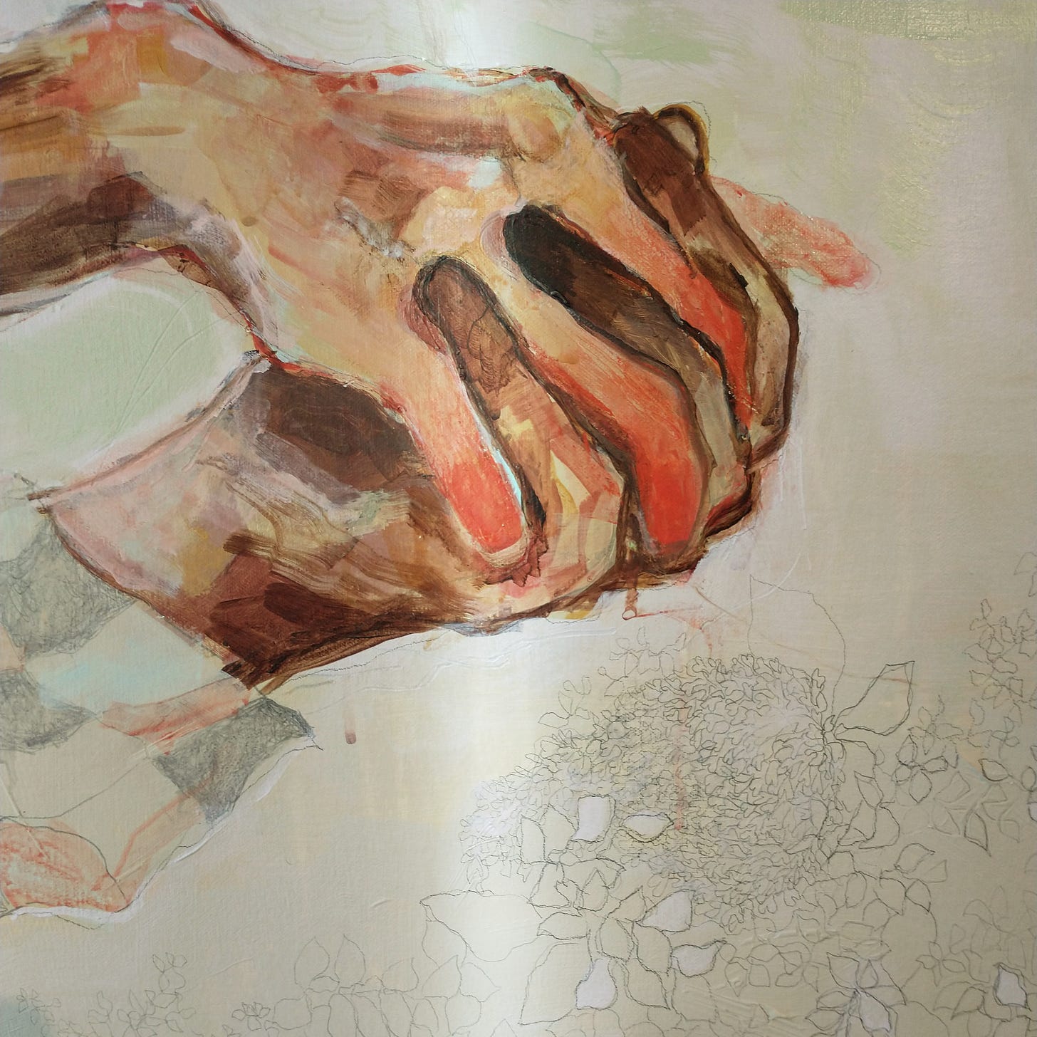 Close-up of two painted hands holding each other. Style is very gritty but controlled. There's a repetitive leaf pattern in graphite on the bottom right corner.