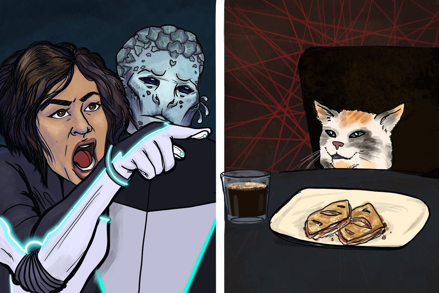 Meme of a woman yelling at a cat seated at a table; the woman in this case is Eva, with Vakar standing next to her, and the cat has a plate of pastelitos and a cup of Cuban coffee