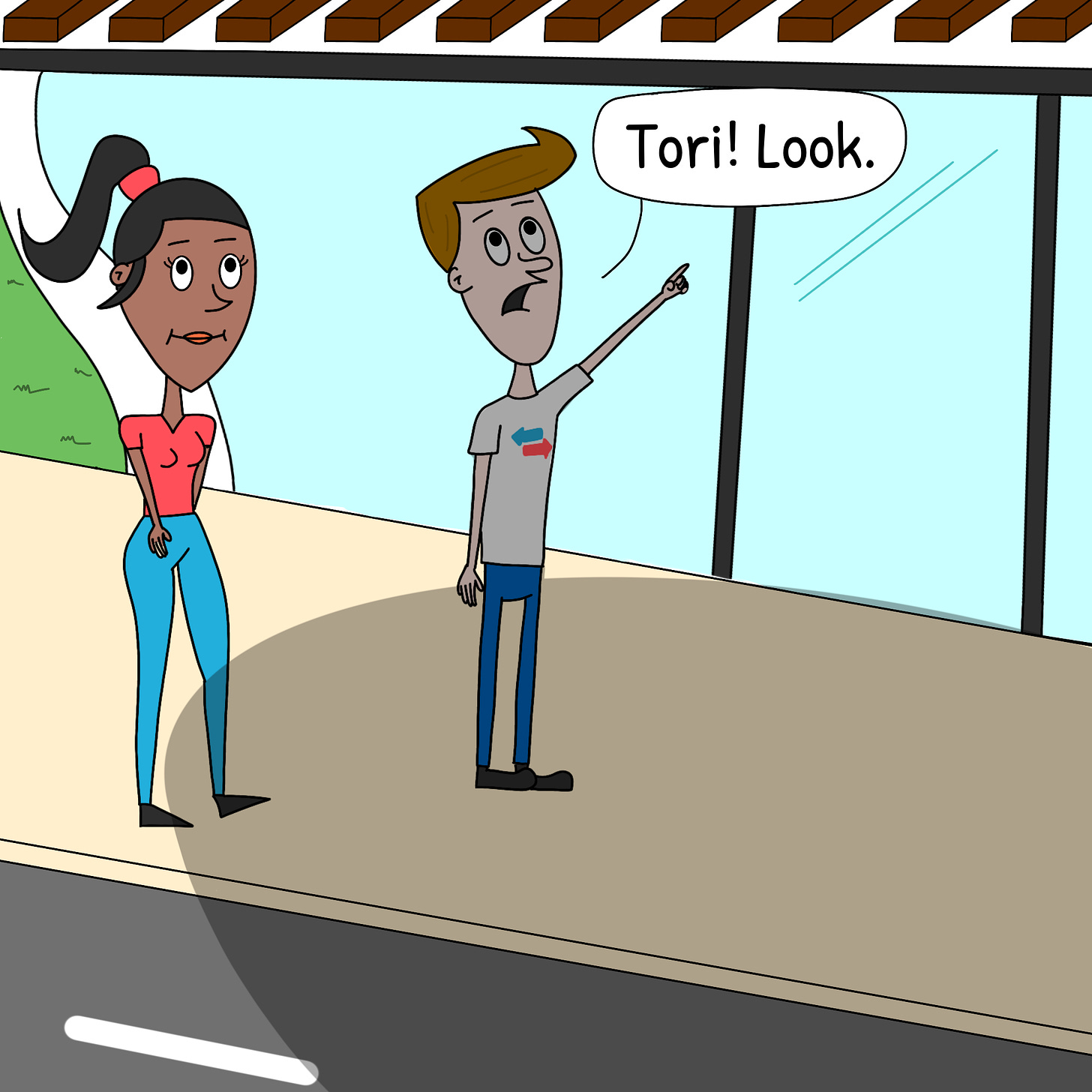 Panel 1: Vic and Tori are walking down the street. A huge silhouette of a flying object covers Vic. Vic shouts: "Tori! Look."