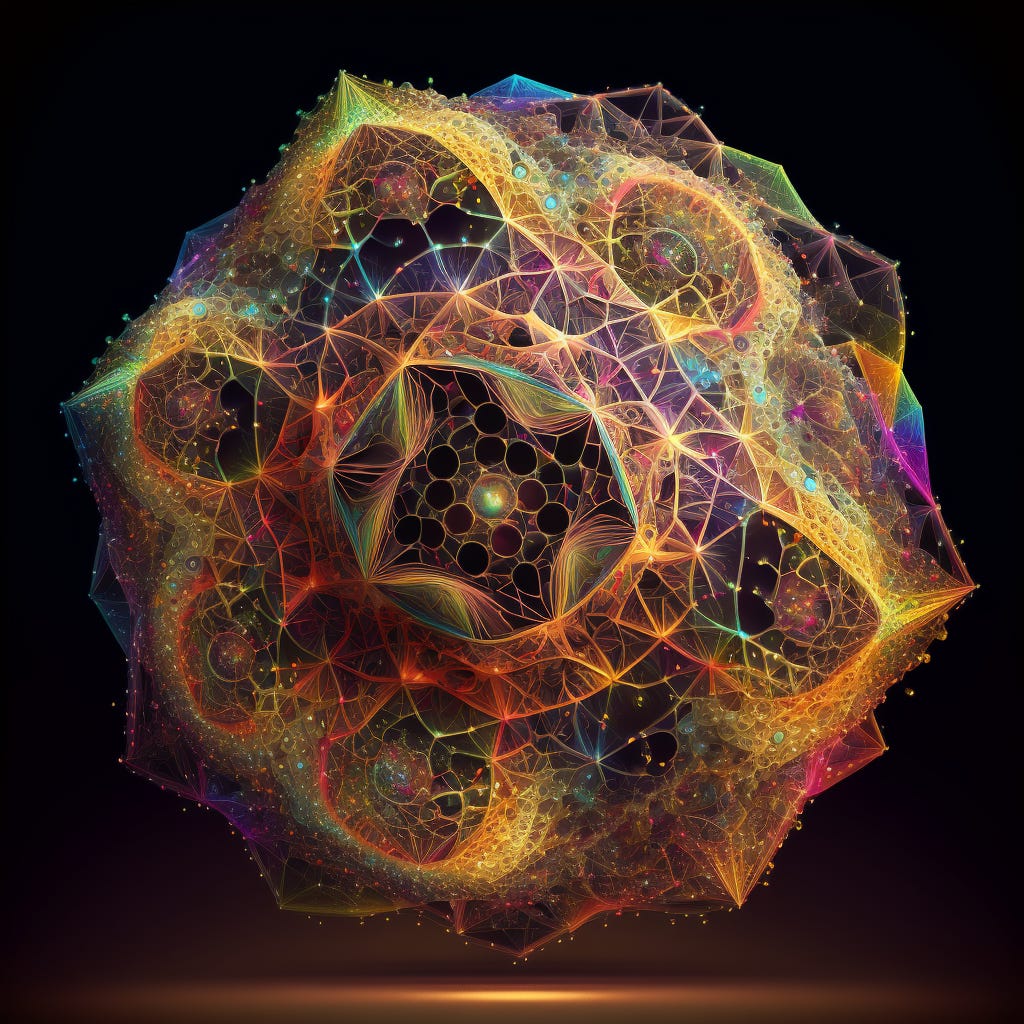An extremely complex and psychedelic wireframe, extremely thin wireframe, colorful fractals, infinite sacred geometries