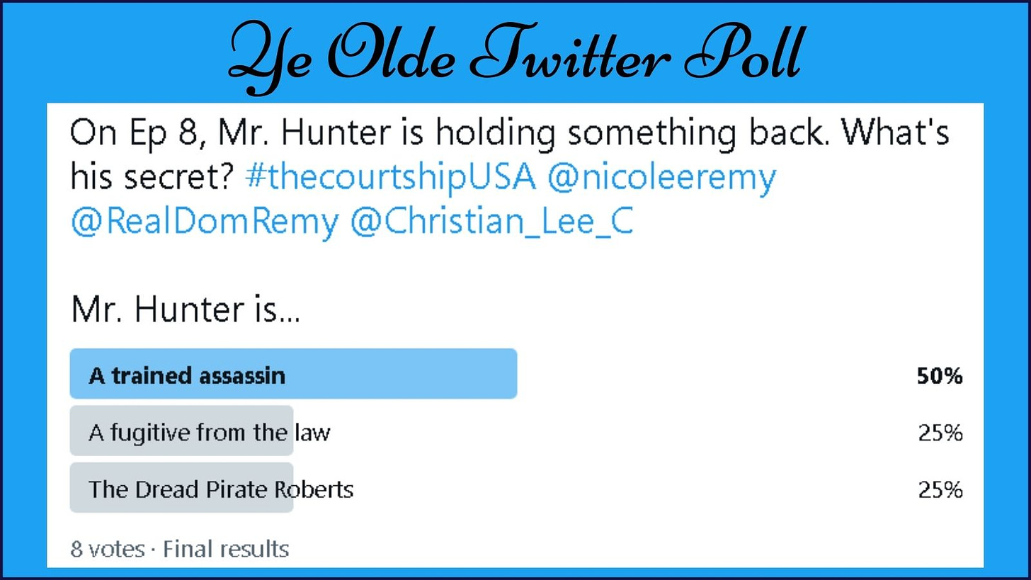 A poll asking if Mr. Hunter is a trained assassin, a fugitive from the law, or the Dread Pirate Roberts. 50% voted that he's a trained assassin.