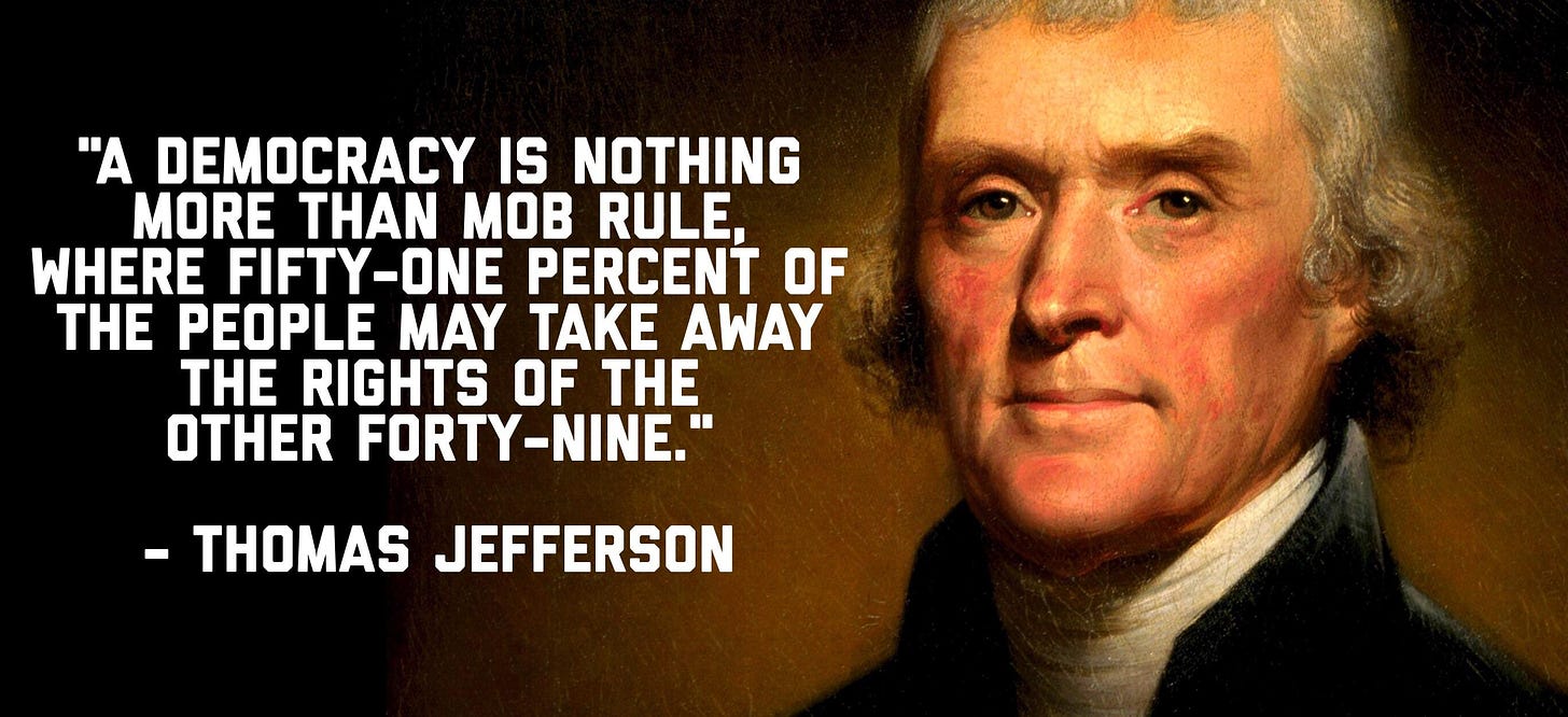"A democracy is nothing more than mob rule, where fifty-one percent of the people may take away ...