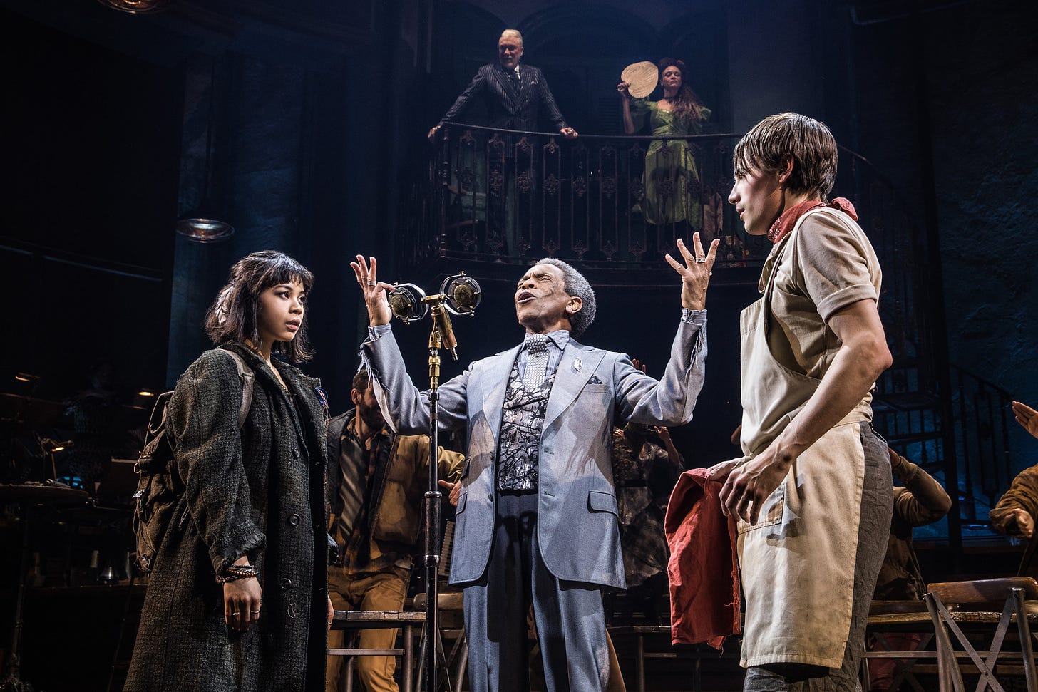 (From left) Eva Noblezada, André De Shields and Reeve Carney star in  Hadestown . Courtesy of Matthew Murphy.
