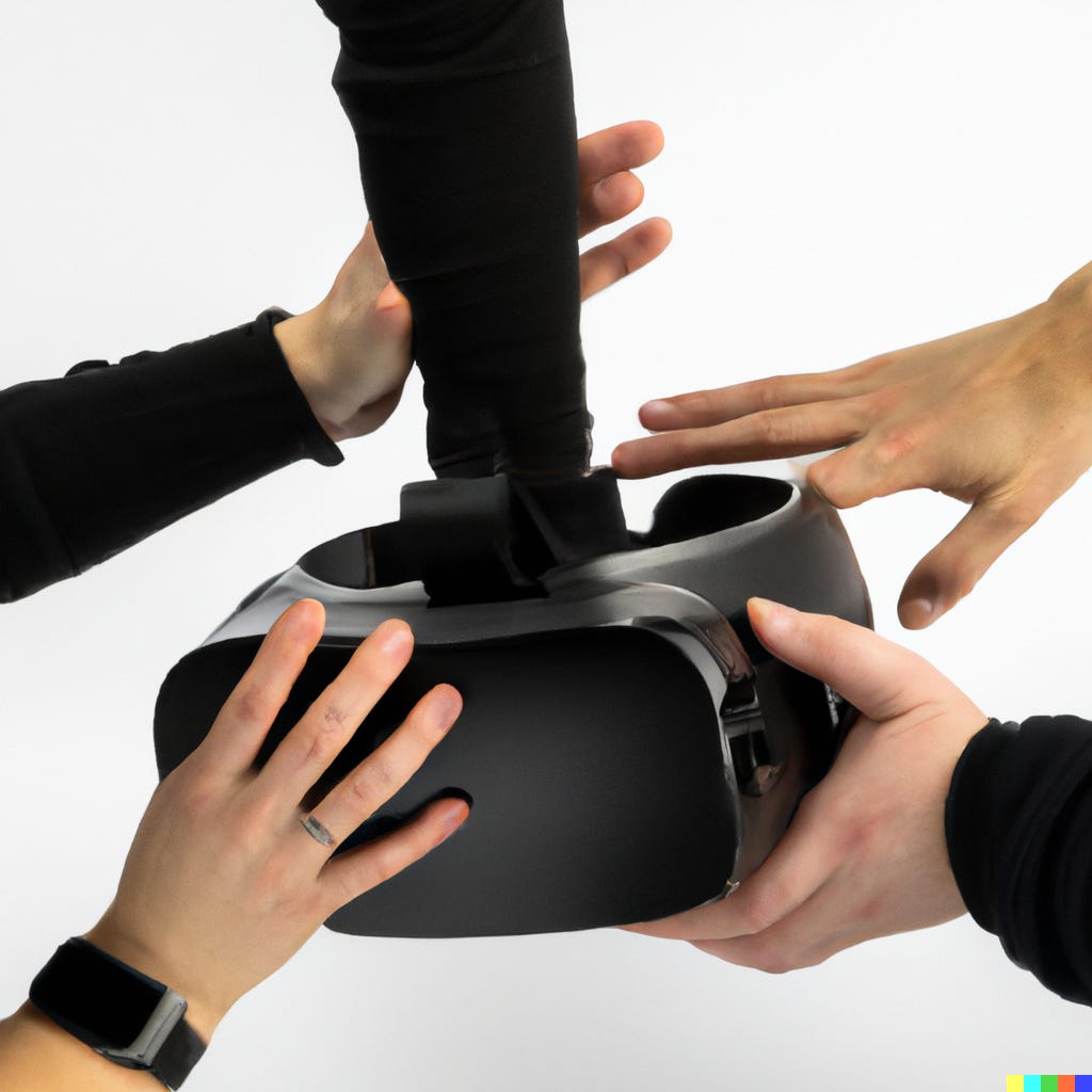 “A bunch of hands grabbing a virtual reality headset,” as interpreted by OpenAI’s DALL-E