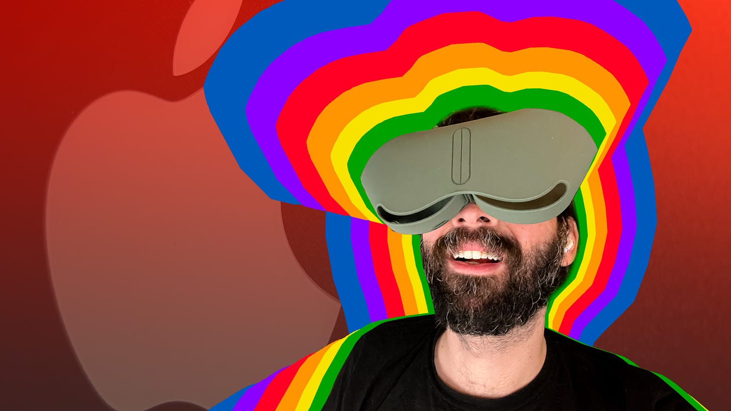 A bearded person wears the AirPods Max case as though it is a VR headset