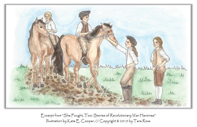 Excerpt from "She Fought, Too: Stories of Revolutionary War Heroines" // Illustration by Kate E. Cooper // Copyright © 2019 by Tara Ross.  -- The illustration depicts Grace and Rachel stopping two men on horses. 