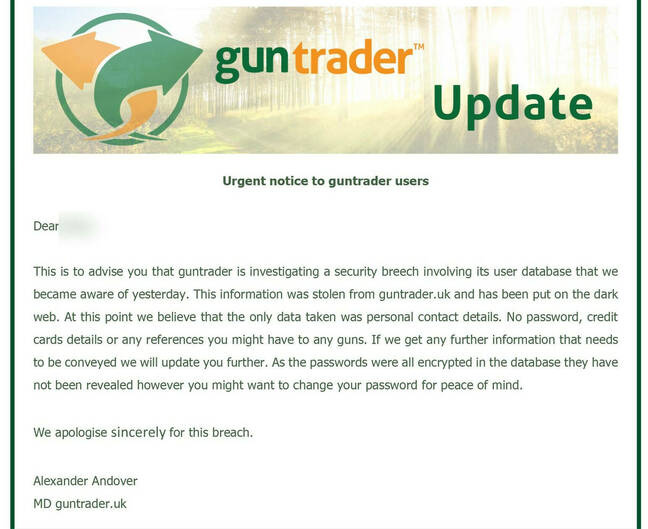 Guntrader hack notification email, as sent to users