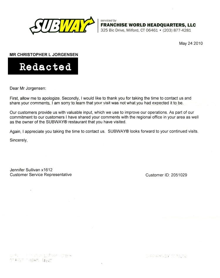 Scan of the letter from Subway. Transcript follows.