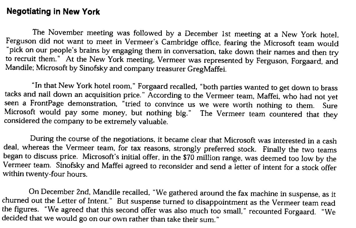 From the HBS case a scanned section "Negotiating in New York" offers some of the color commentary on the new york trip.