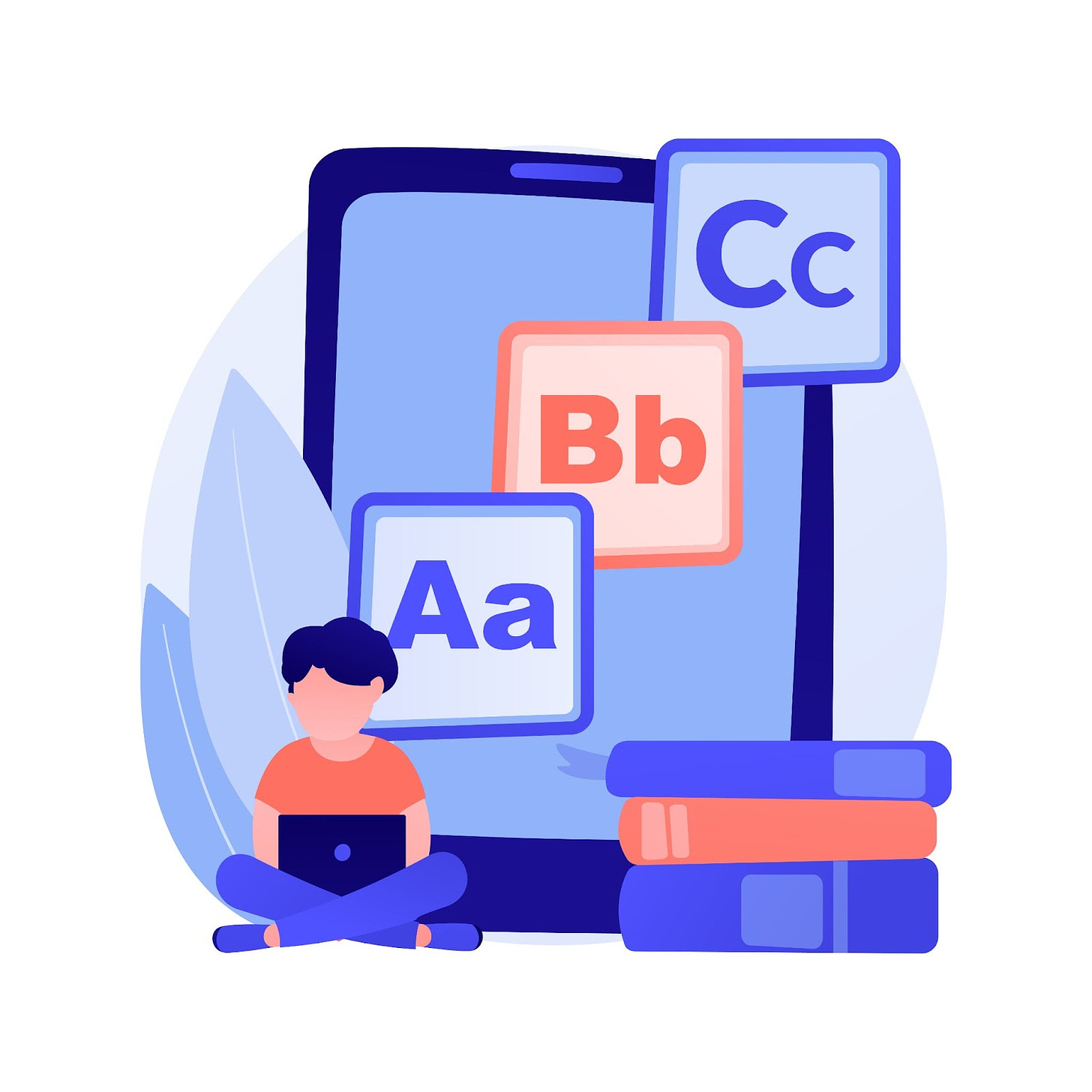 Illustration of a boy doing research on his laptop sitting beside bundle of books