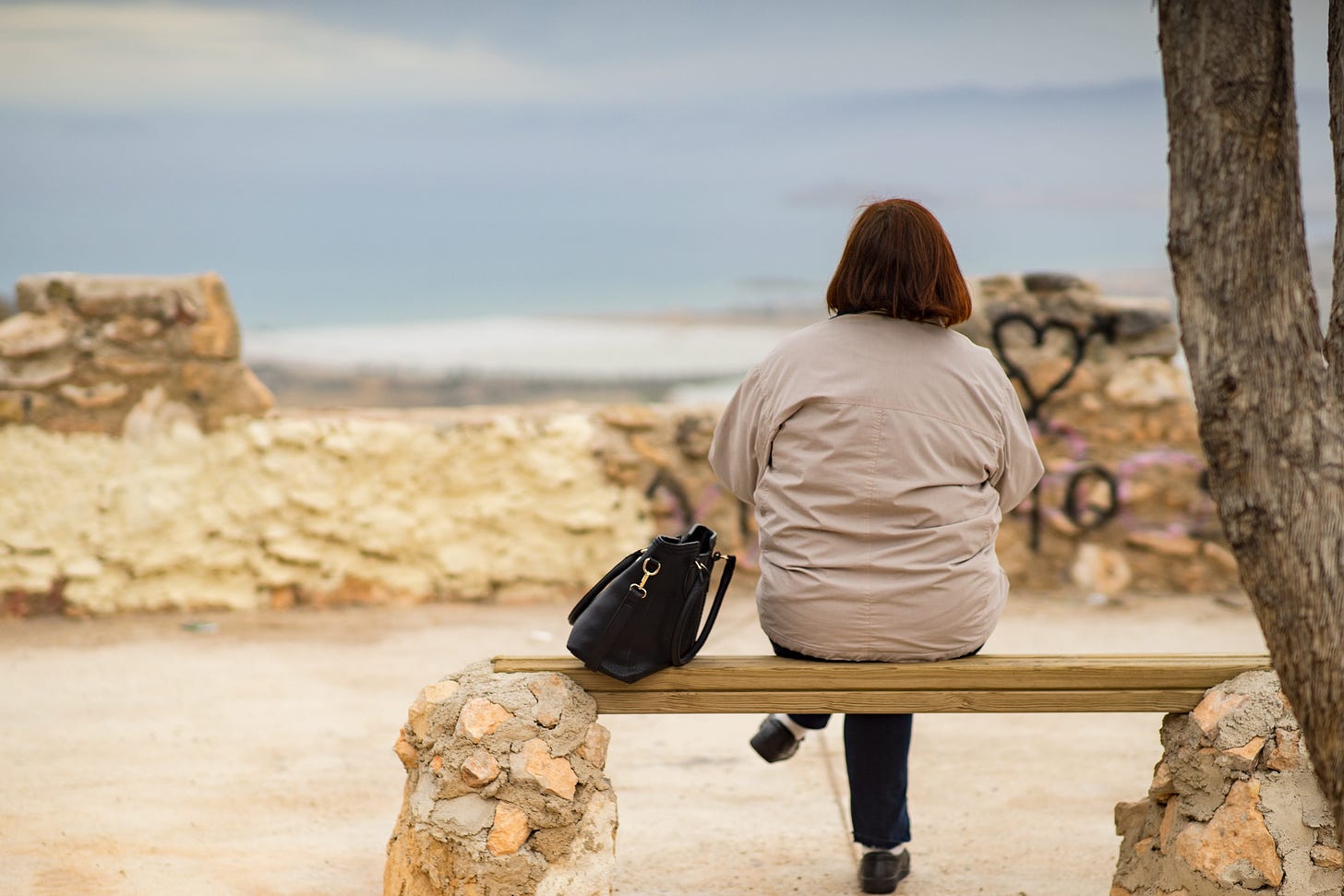 Older female sitting on bench with back to camera, in a bare, rock walled park looking out over blue sky background.