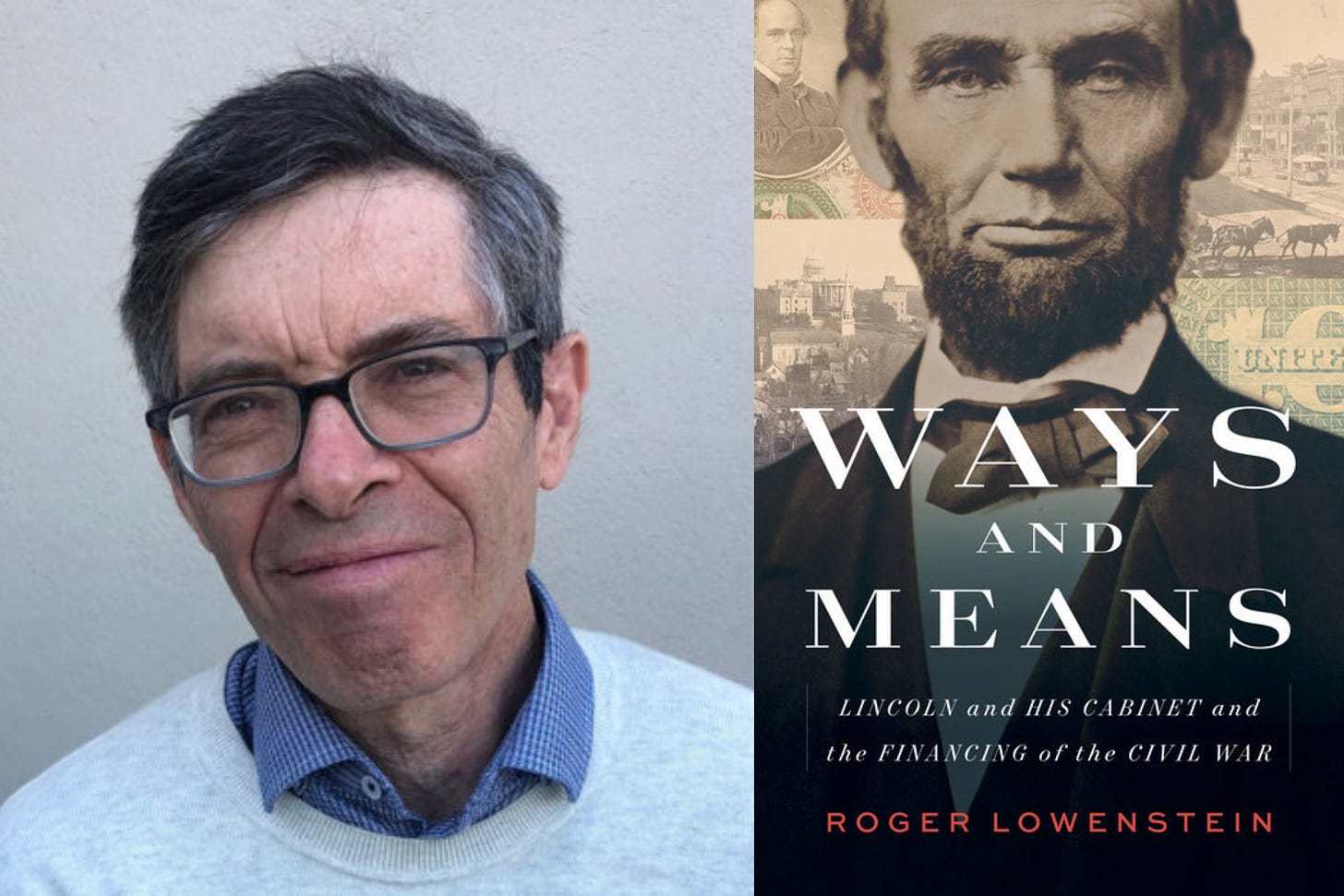 A photo of Roger Lowenstein and the cover of "Ways and Means."