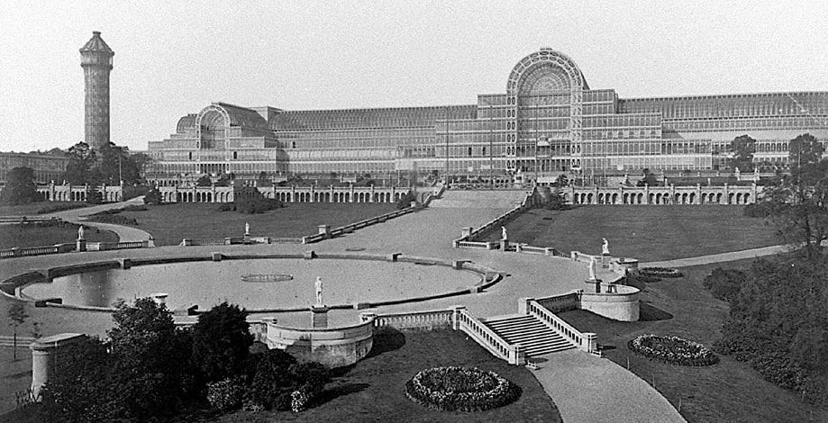 The reconstructed Crystal Palace in Crystal Palace Park in 1854.