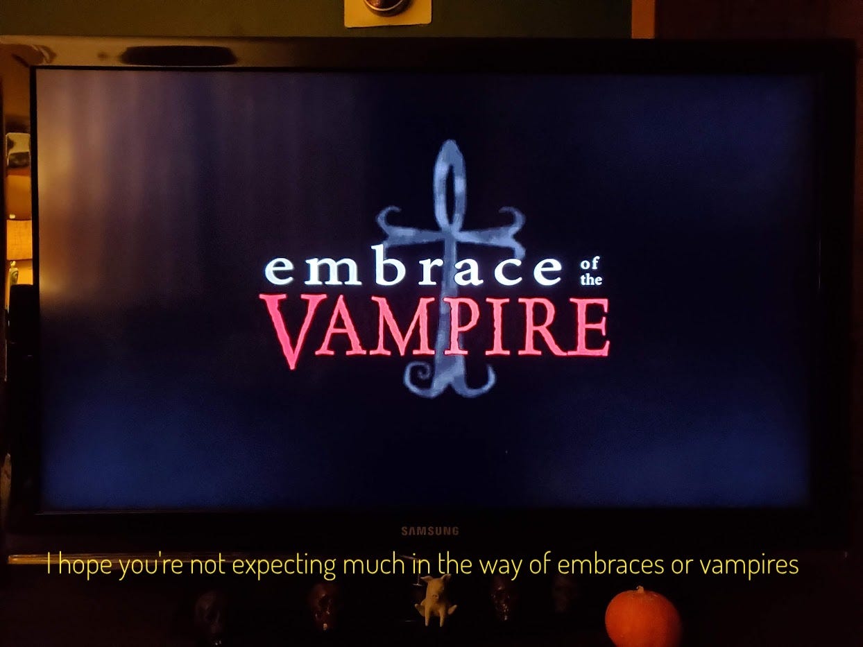 The title screen, captioned "I hope you're not expecting much in the way of embraces or vampires"